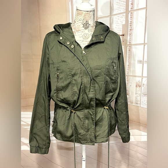 🛍️THERAPY Olive green cinch waist full zip jacket size L.‎ - Picture 1 of 13